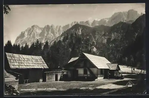 AK Johnsbach im Gesäuse, Johnsbachtal, Gasthof Pircher gegen die Berge