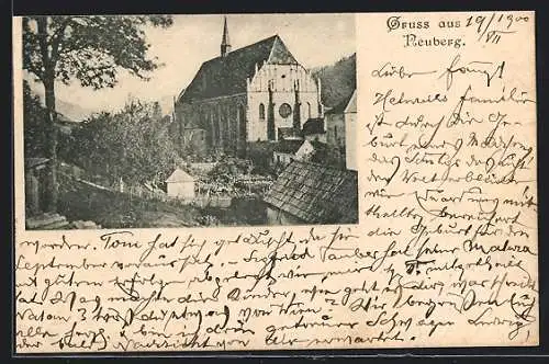 AK Neuberg /Steiermark, Die Stiftskirche über eine Gartenparzelle