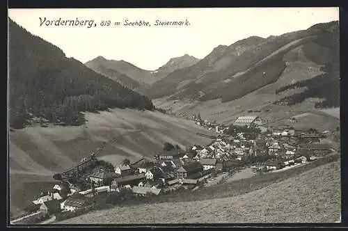 AK Vordernberg /Steiermark, Ortsansicht im Tallauf vom Berg aus