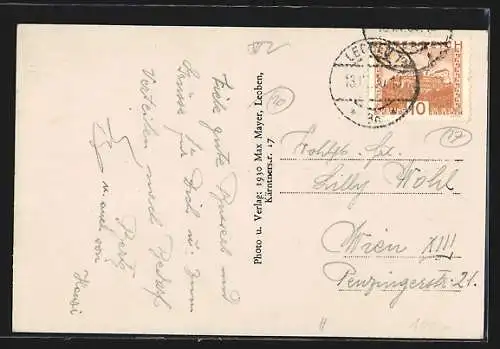 AK Leoben, Blick zum Stadtturm im Frühling