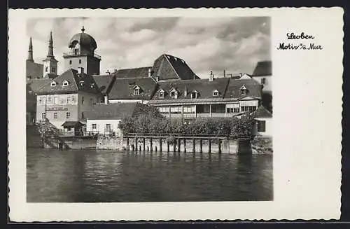 AK Leoben, Motiv a. d. Mur mit Blick zum Stadtturm