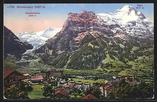 AK Grindelwald, Ortsansicht mit Viescherhörner und Eiger