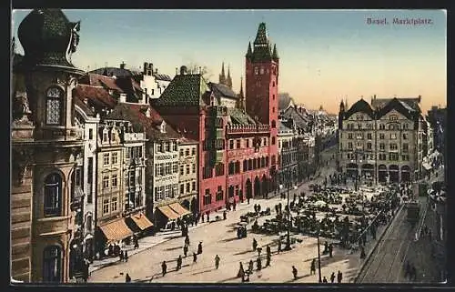 AK Basel, Strassenbahn am Marktplatz