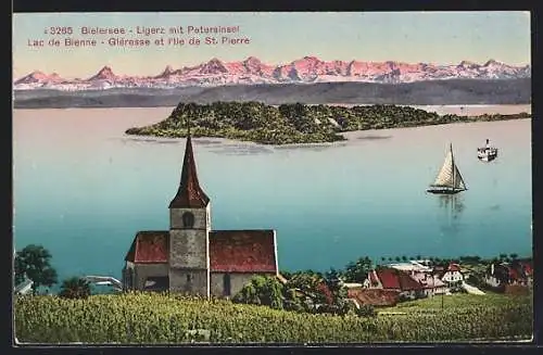 AK Ligerz am Bielersee, Ortsansicht mit Petersinsel