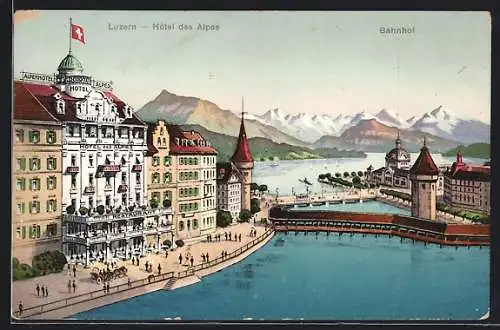 AK Luzern, Hotel des Alpes und Bahnhof