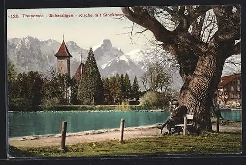 AK Thun, Scherzligen - Kirche mit Stockhorn, Thunersee