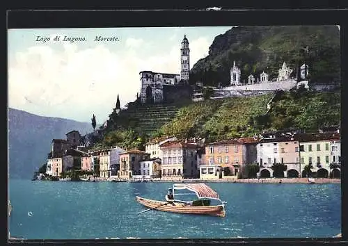 AK Morcote, Ruderboot mit Sonnenschutz auf dem Lago di Lugano