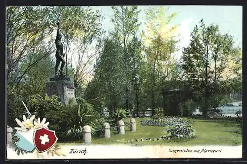 AK Zürich, Turnerstatue am Alpenquai, Wappen
