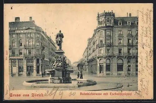 AK Zürich, Bahnhofstrasse mit Escherdenkmal