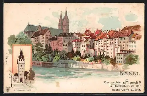 Lithographie Basel, Ortspartie und St. Alban-Thor