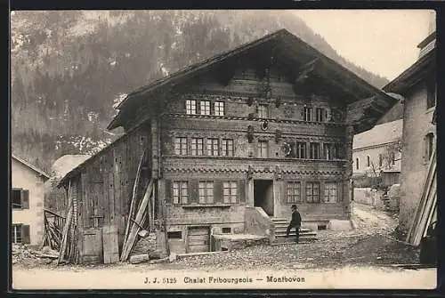 AK Montbovon, un chalet fribourgeois, un homme sur les marches