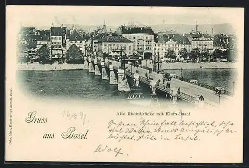 AK Basel, Alte Rheinbrücke mit Klein-Basel