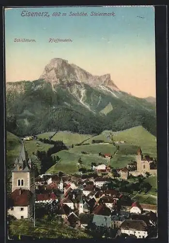 AK Eisenerz /Steiermark, Ortsansicht mit Schichtturm und Pfaffenstein
