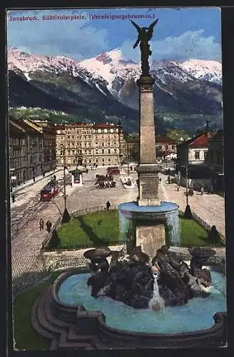 AK Innsbruck, Südtirolerplatz mit Vereinigungsbrunnen