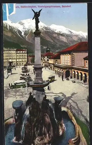 AK Innsbruck, Südtirolerplatz mit Vereinigungsbrunnen und Bahnhof