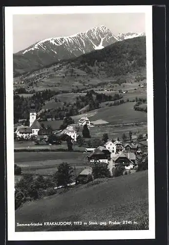 AK Krakaudorf, Ortsansicht mit der Kirche und Blick auf den Preber 2741m