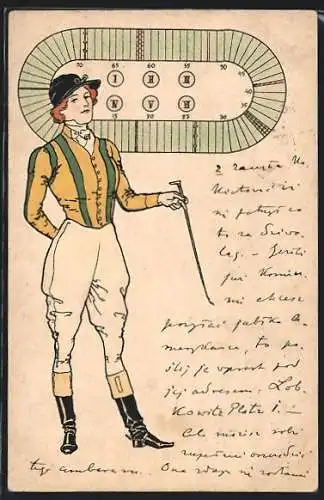 AK Weiblicher Jockey, Pferderennbahn, Brettspiel