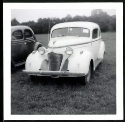 Fotografie Auto, weisse Limousine auf einer Wiese geparkt