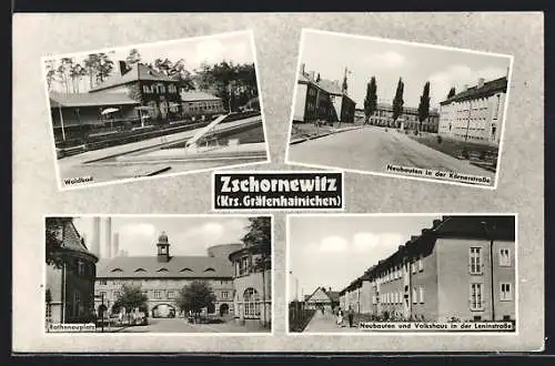 AK Zschornewitz, Das Waldbad, Neubauten in der Körnerstrasse, Rathenauplatz, Leninstrasse