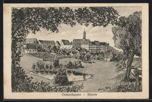 Künstler-AK Ochsenhausen, Ortsansicht mit Kloster