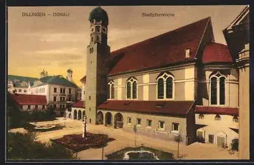 AK Dillingen a. D., Stadtpfarrkirche mit Denkmal und Anlagen