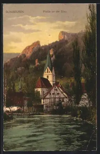 AK Blaubeuren, Partie an der Blau mit Blick auf Kirche