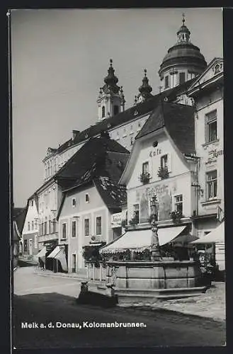 AK Melk a. d. Donau, Cafe Fürst und Kolomanbrunnen