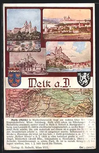 Künstler-AK Melk a. D., Wappen, Stadtpartien, Umgebungskarte