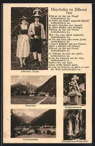 AK Mayrhofen im Zillertal, Tracht, Kriegerdenkmal, Stillupklamm-Wasserfall