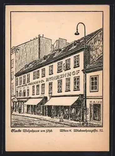 Künstler-AK Wien, Glucks Wohnhaus um 1740, Wiednerhauptstrasse 32