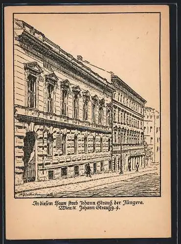 Künstler-AK Wien, Sterbehaus von Johann Strauss d. J., Johann Straussgasse 4