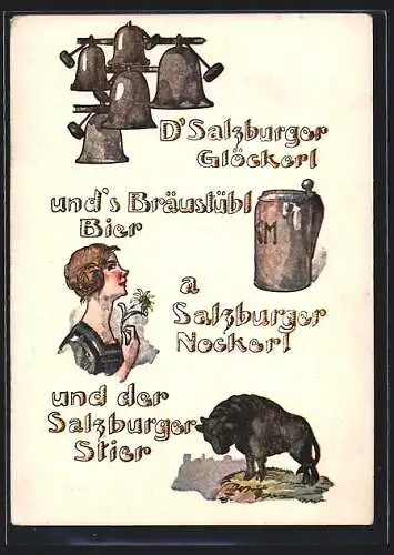 AK Salzburg, Salzburger Glöckerl und`s Bräustübl Bier, a Salzburger Nockerl und der Salzburger Stier
