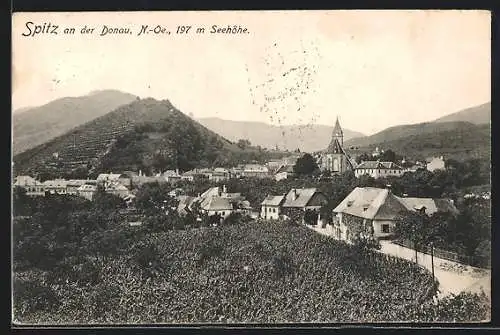 AK Spitz /Donau, Totalansicht mit Bergpanorama, von oben gesehen