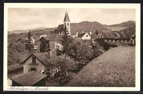 AK Allerheiligen i. Mürztale, Ortspartie mit Glockenturm