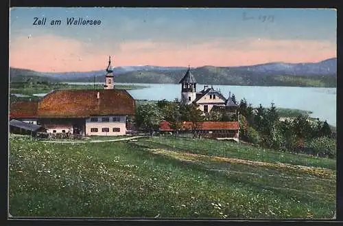 AK Zell am Wallersee, Ortsansicht mit Glockenturm bei Dämmerung