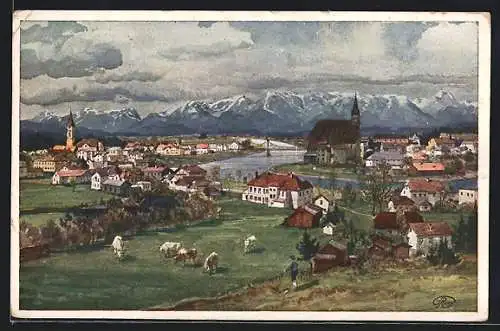 Künstler-AK Laufen an der Salzach, Panorama mit Oberndorf