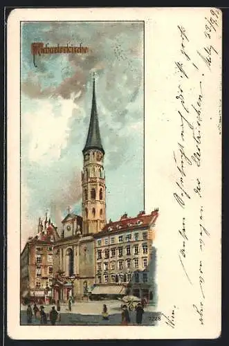 Lithographie Wien, Michaelerkirche mit Passanten