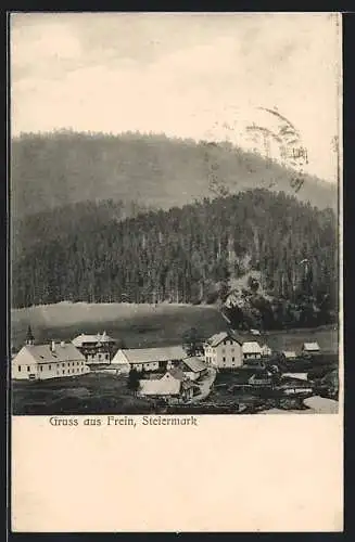 AK Frein /Steiermark, Ortsansicht gegen bewaldete Hügel