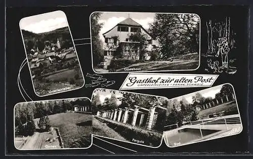 AK Unterleinleiter /Fränkische Schweiz, Gasthof zur alten Post mit Schwimmbad, Ortsansicht