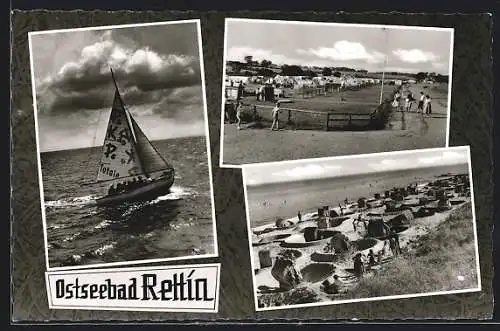 AK Rettin, Segelschiff auf dem Meer, Strandleben