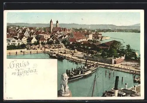 AK Lindau / Bodensee, Dampfer und Löwe am Hafen