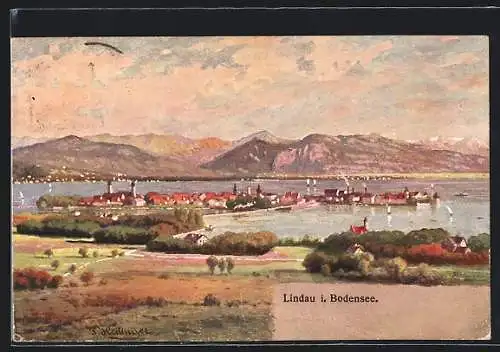 Künstler-AK Lindau i. Bodensee, Ortsansicht gegen die Berge