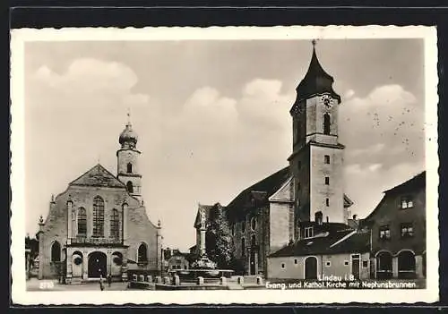 AK Lindau i. B., Evang. und Kathol. Kirche mit Neptunsbrunnen