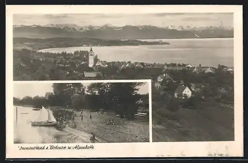 AK Immenstaad a. Bodensee, Ortsansicht mit Alpenkette, Segelschiff am Strand