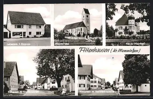 AK Attenhausen /Kr. Memmingen, Hauptstrasse mit Heldenkapelle, Lebensmittelhandlung J. Kaplan