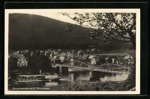 AK Gieselwerder a. d. Oberweser, Ortsansicht mit Brücke über der Weser
