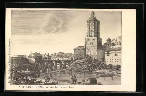 AK Augsburg, Wertachbrucker Tor am Fluss