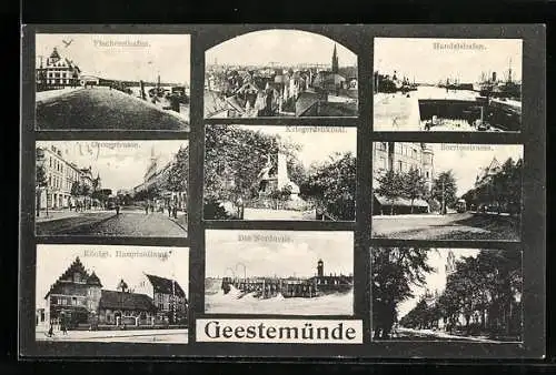 AK Geestemünde, Ortsansichten mit Hafen und Strassenbahn