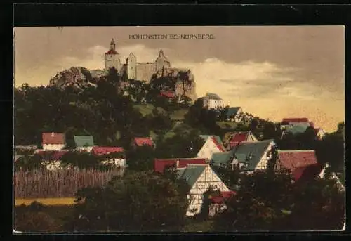 AK Hohenstein / Fränk. Alb, abendliche Ortsansicht mit Burg