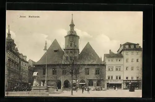 AK Jena, Rathaus mit Geschäften und Brunnen